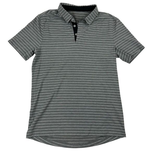 Lululemon EVOLUTION 3 Button Gray White Striped Polo Shirt S/S Sz Medium Stretch - Picture 1 of 7